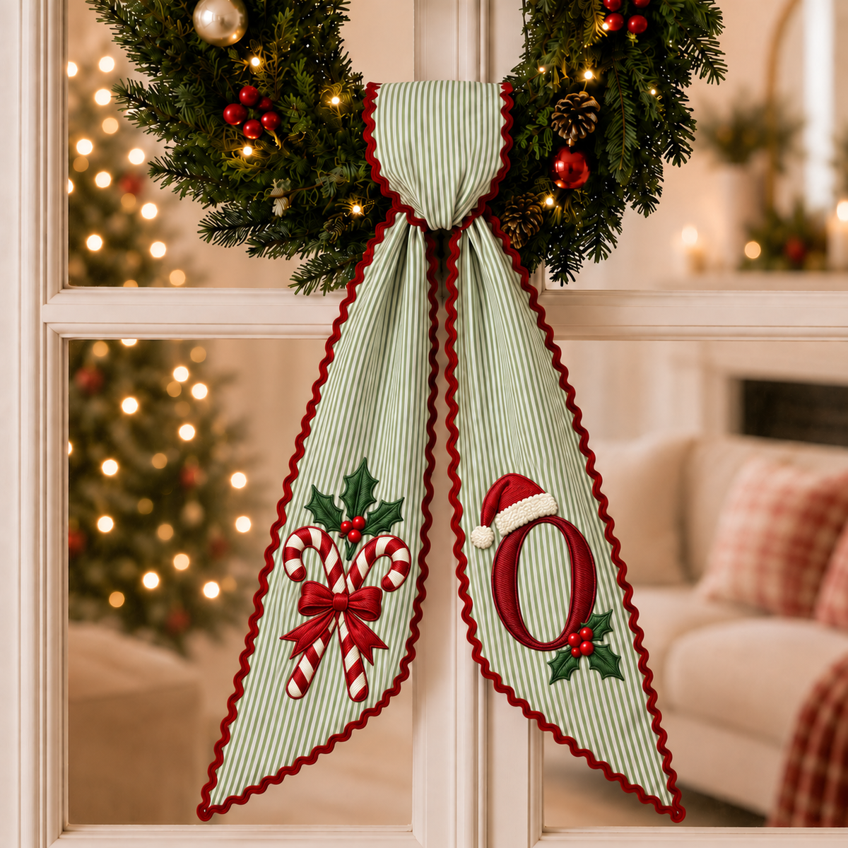 Custom Candy Cane Christmas Wreath Sash | Personalized Embroidered Green Stripe Wreath Bow with Initial