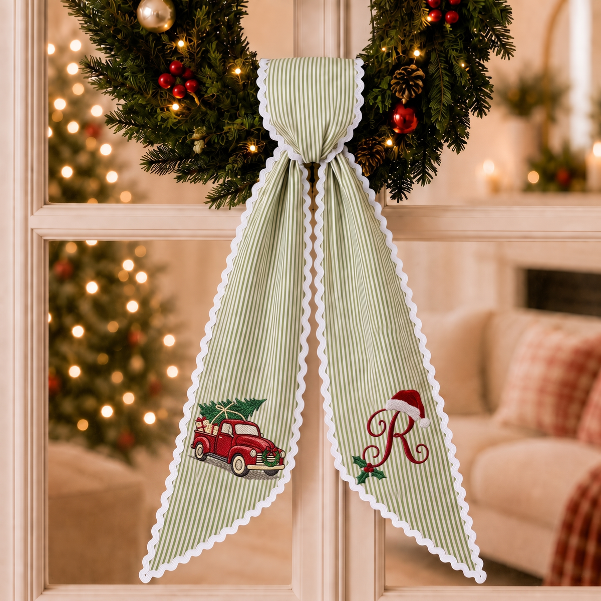 Custom Christmas Truck Wreath Sash | Personalized Embroidered Green Stripe Wreath Bow with Initial