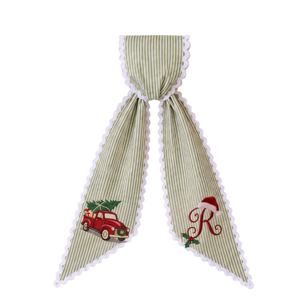 Custom Christmas Truck Wreath Sash | Personalized Embroidered Green Stripe Wreath Bow with Initial
