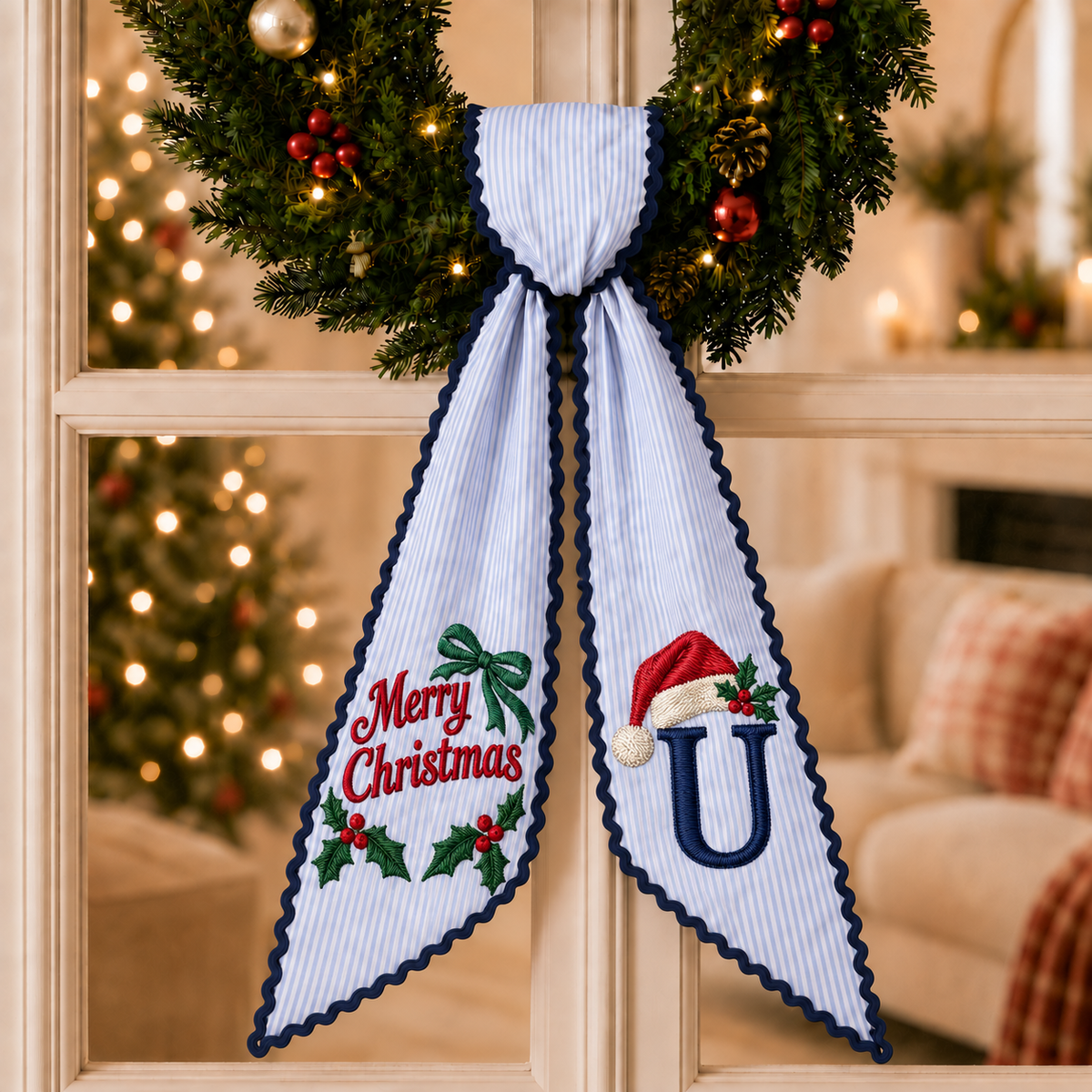 Custom Merry Christmas Wreath Sash | Personalized Embroidered Blue Stripe Wreath Bow with Initial