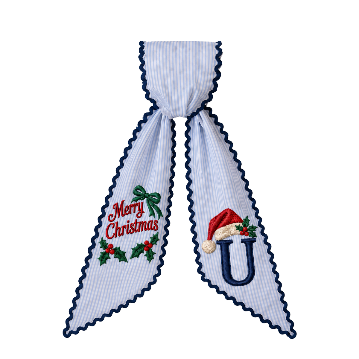 Custom Merry Christmas Wreath Sash | Personalized Embroidered Blue Stripe Wreath Bow with Initial