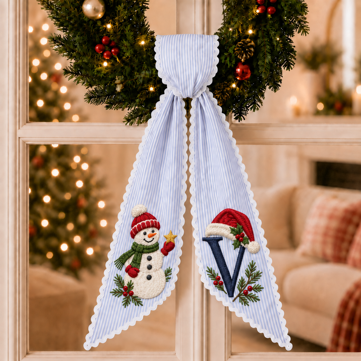 Custom Snowman Christmas Wreath Sash | Personalized Embroidered Blue Stripe Wreath Bow with Initial