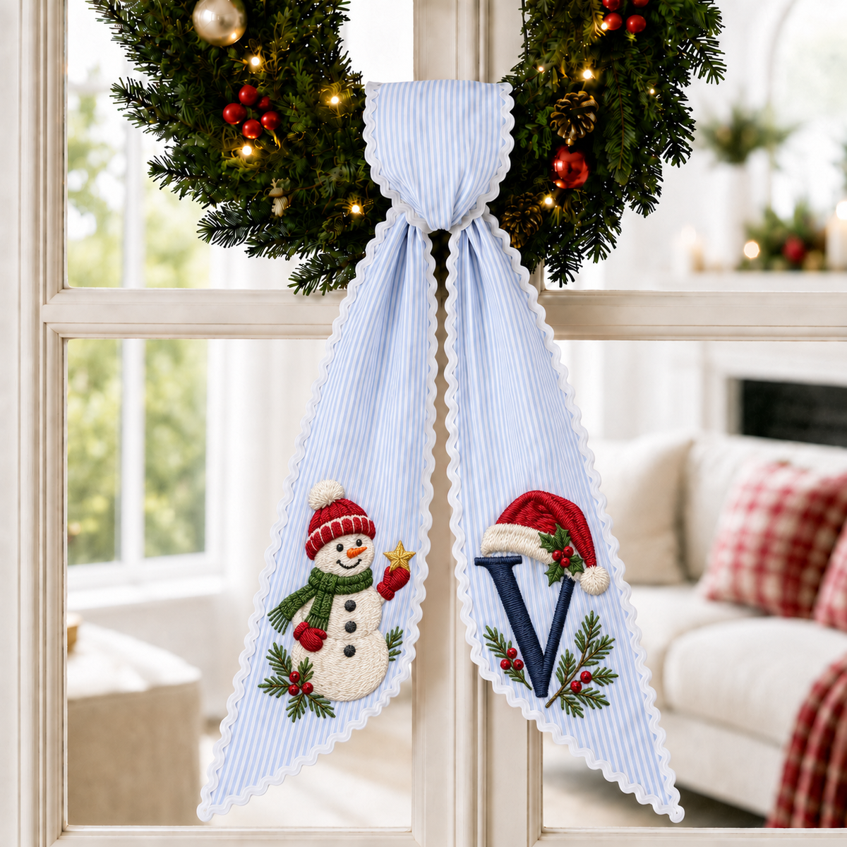 Custom Snowman Christmas Wreath Sash | Personalized Embroidered Blue Stripe Wreath Bow with Initial
