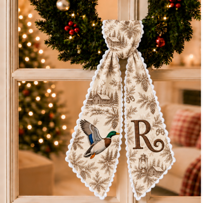 Custom Tan Toile Christmas Wreath Sash | Personalized Embroidered Mallard Duck Wreath Bow with Initial