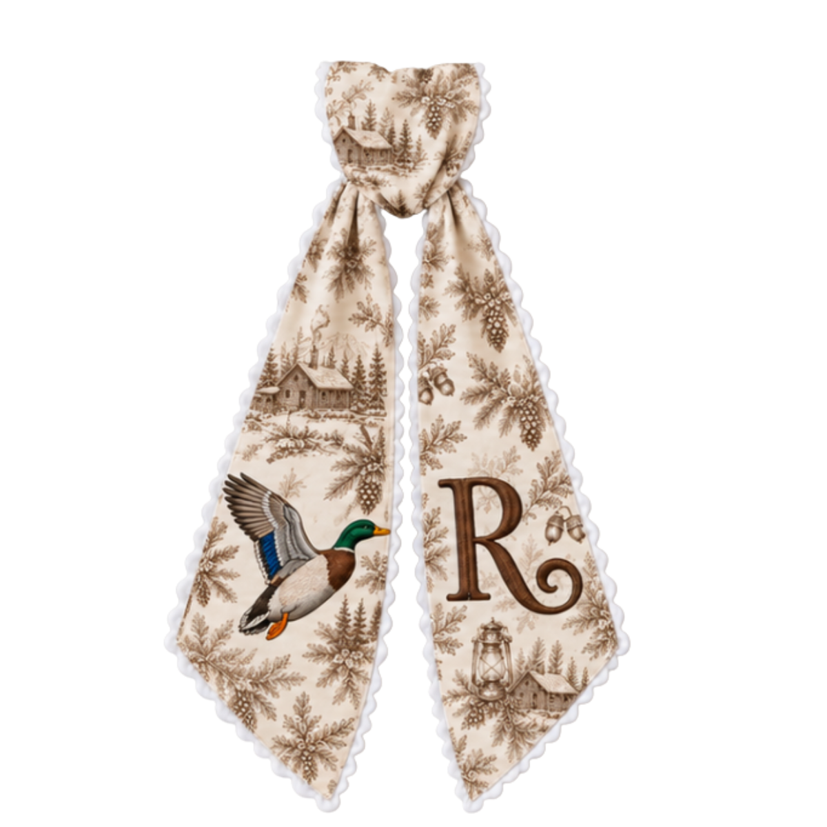 Custom Tan Toile Christmas Wreath Sash | Personalized Embroidered Mallard Duck Wreath Bow with Initial