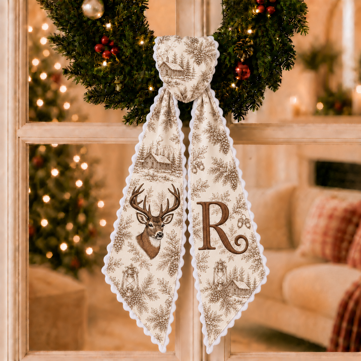 Custom Tan Toile Christmas Wreath Sash | Personalized Embroidered Deer Head Wreath Bow with Initial