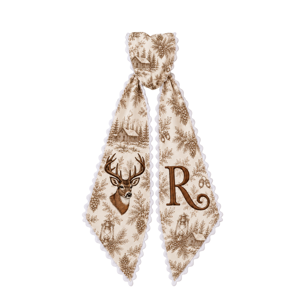 Custom Tan Toile Christmas Wreath Sash | Personalized Embroidered Deer Head Wreath Bow with Initial