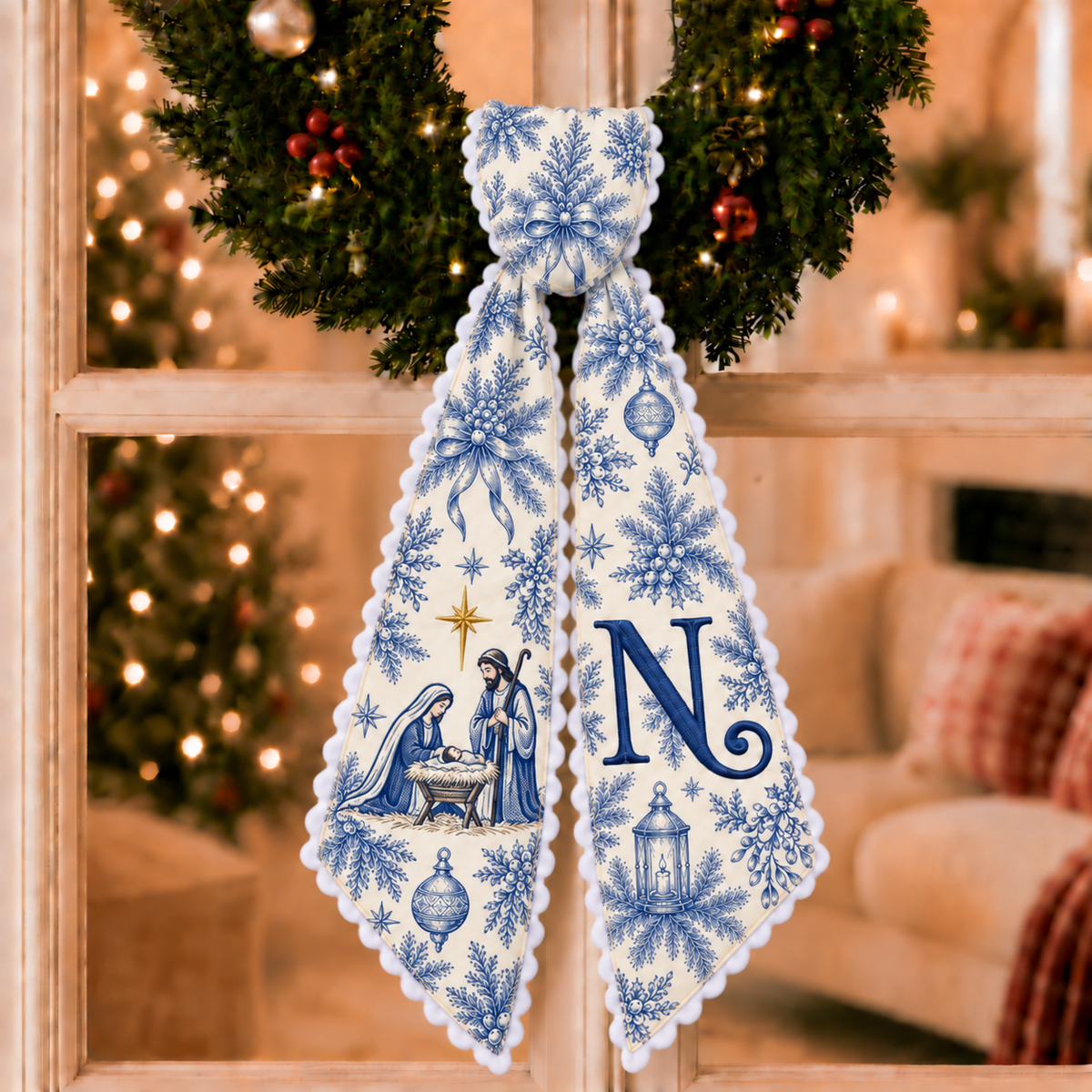 Custom Blue Toile Christmas Wreath Sash | Personalized Embroidered Nativity Wreath Bow with Initial