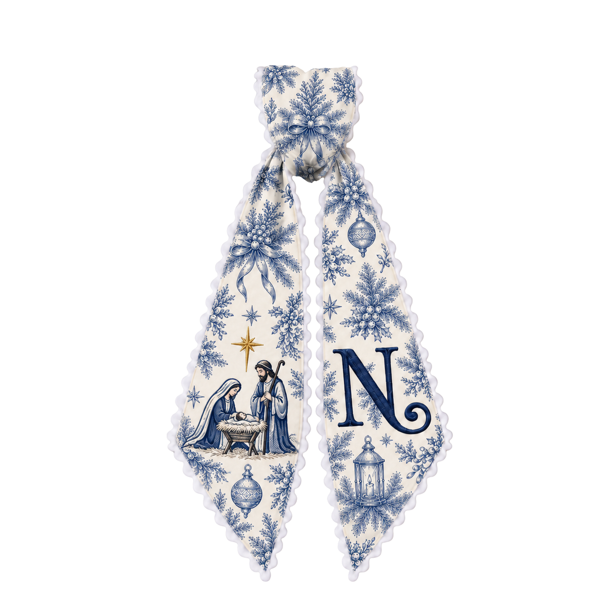 Custom Blue Toile Christmas Wreath Sash | Personalized Embroidered Nativity Wreath Bow with Initial