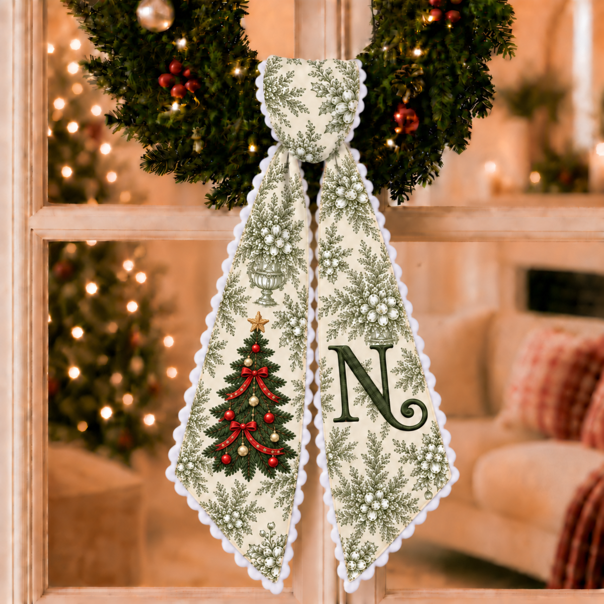 Custom Green Toile Christmas Wreath Sash | Personalized Embroidered Christmas Tree Wreath Bow with Initial