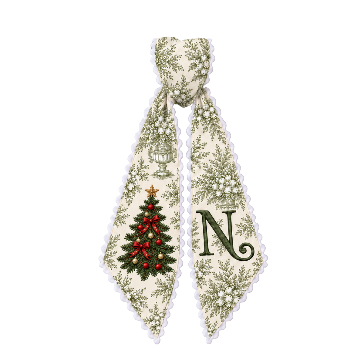 Custom Green Toile Christmas Wreath Sash | Personalized Embroidered Christmas Tree Wreath Bow with Initial