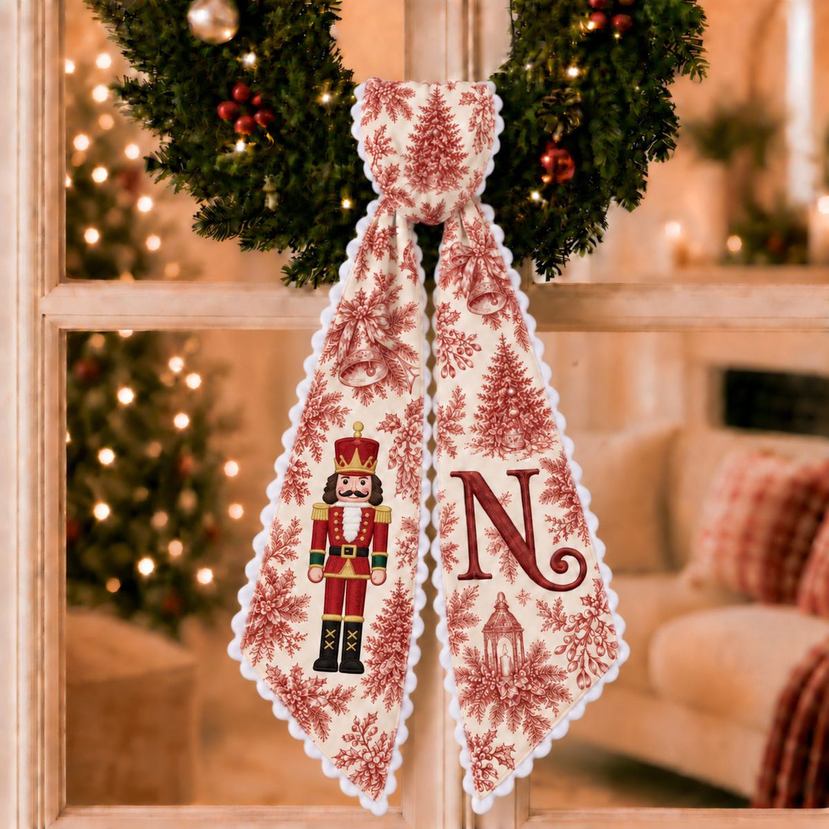 Custom Red Toile Christmas Wreath Sash | Personalized Embroidered Nutcracker Wreath Bow with Initial