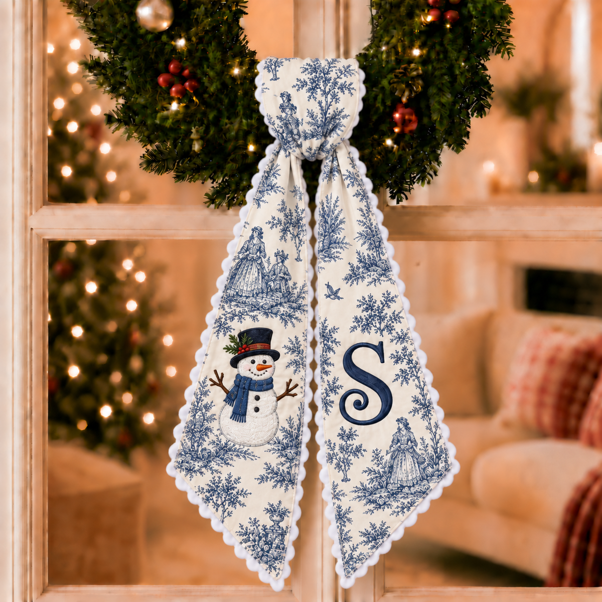 Custom Blue Toile Christmas Wreath Sash | Personalized Embroidered Snowman Wreath Bow with Initial