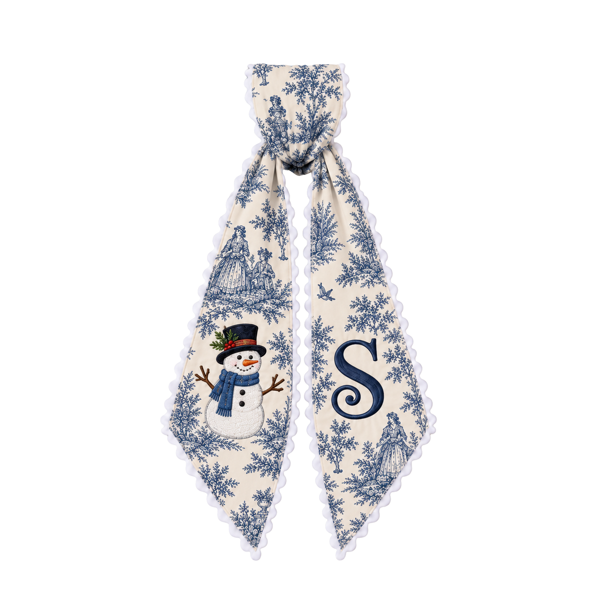 Custom Blue Toile Christmas Wreath Sash | Personalized Embroidered Snowman Wreath Bow with Initial