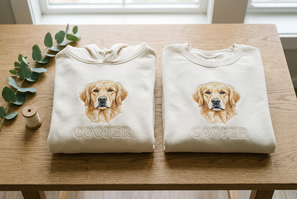 Custom embroidered pet hoodie and sweatshirt side by side showing the same pet portrait embroidery