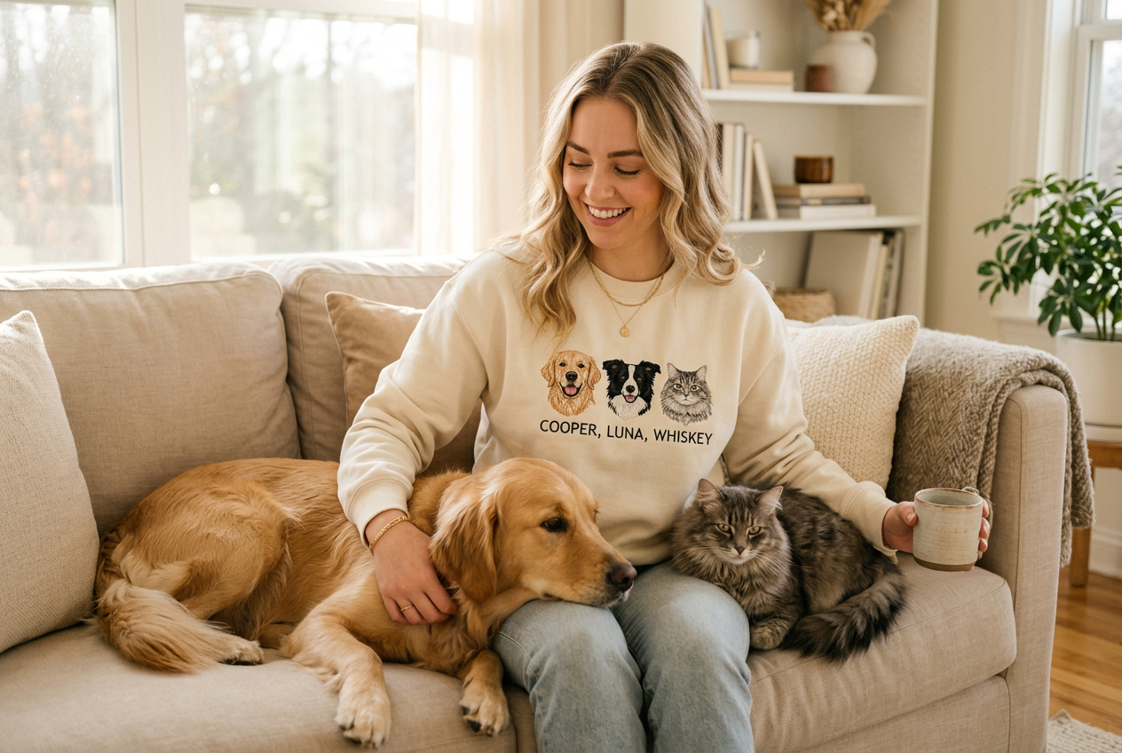 Person wearing a custom embroidered sweatshirt with multiple pet portraits and their pets nearby