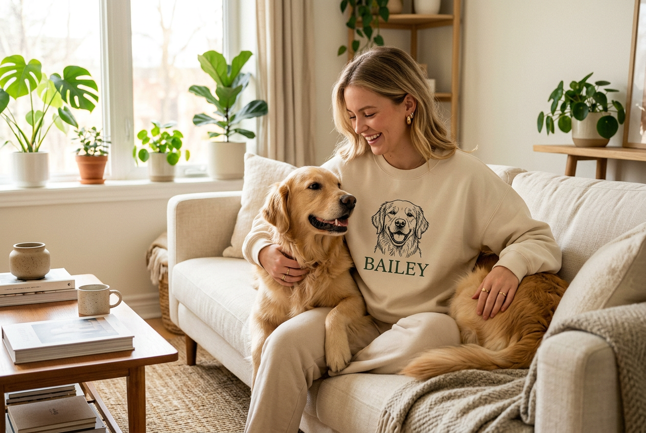 aDog mom wearing custom embroidered dog sweatshirt with pet portrait