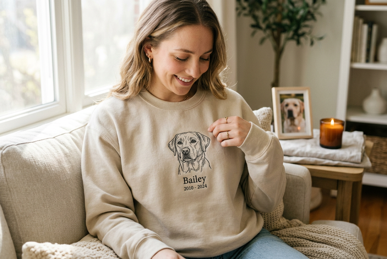 Custom embroidered pet sweatshirt held as a meaningful pet memorial keepsake