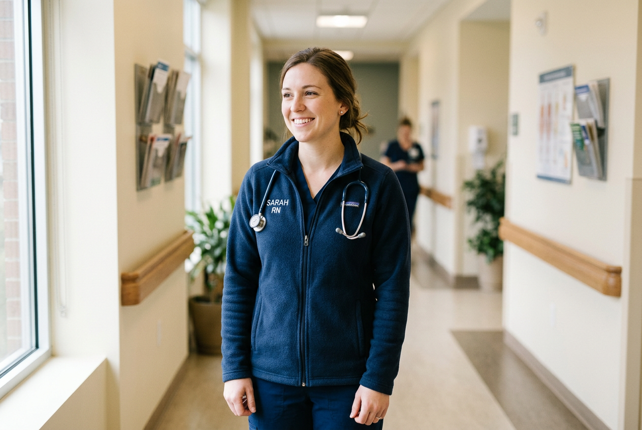 Healthcare worker wearing a custom embroidered nurse fleece jacket with name and credentials