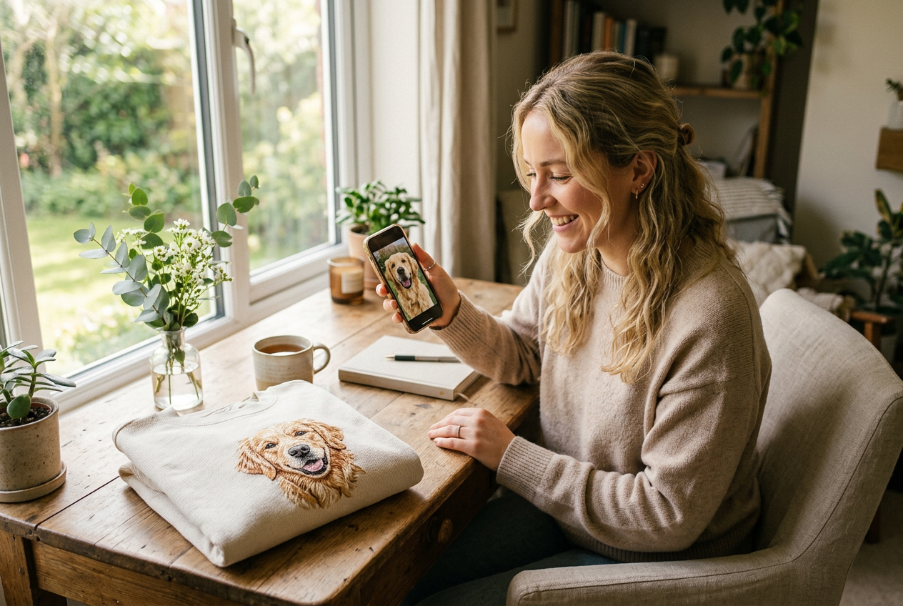 Customer choosing the best pet photo on a phone beside a custom embroidered pet sweatshirt
