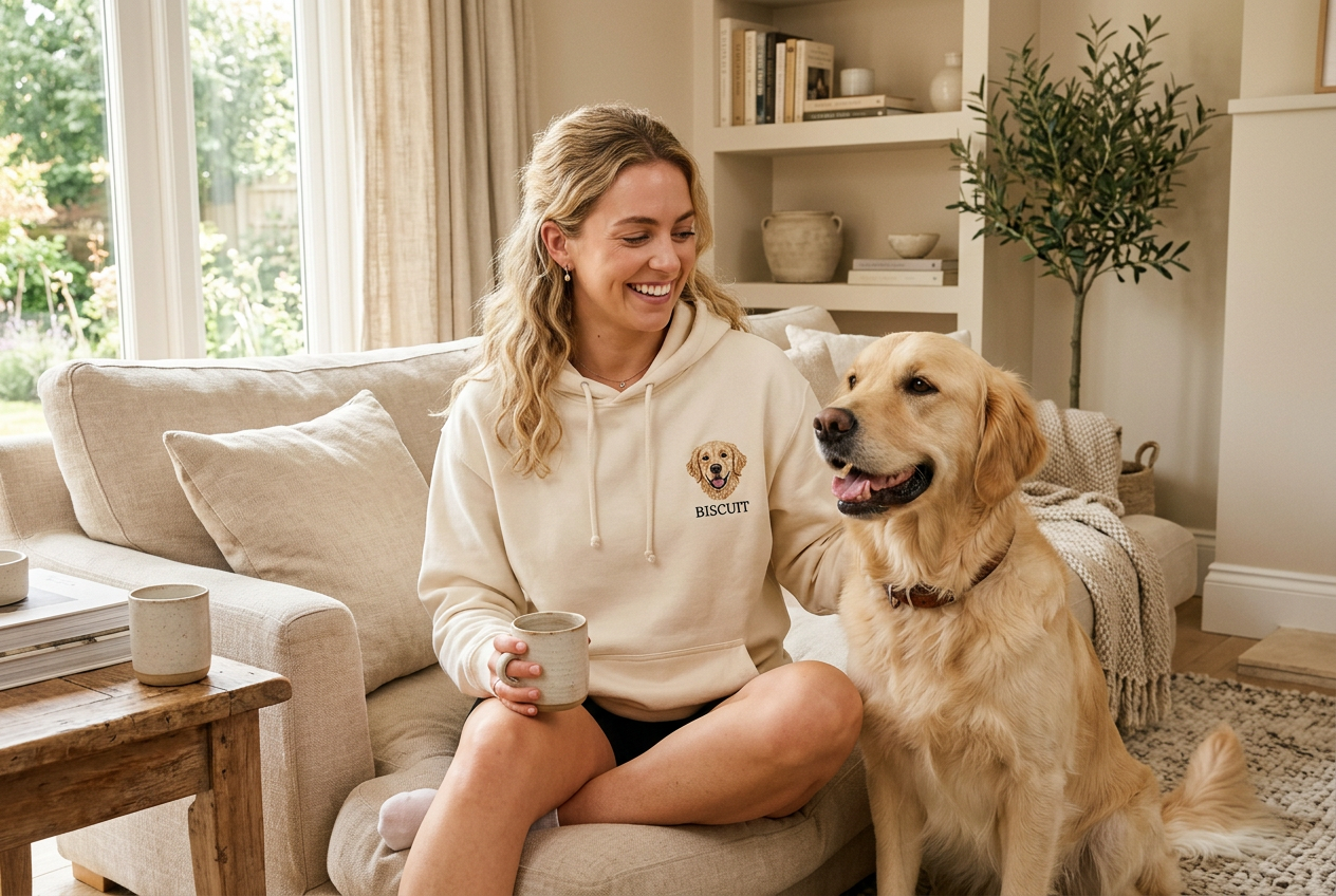 Pet lover wearing a personalized embroidered dog hoodie with their golden retriever nearby