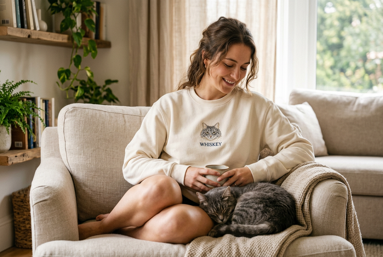 Cat lover wearing a custom embroidered cat sweatshirt with their cat nearby