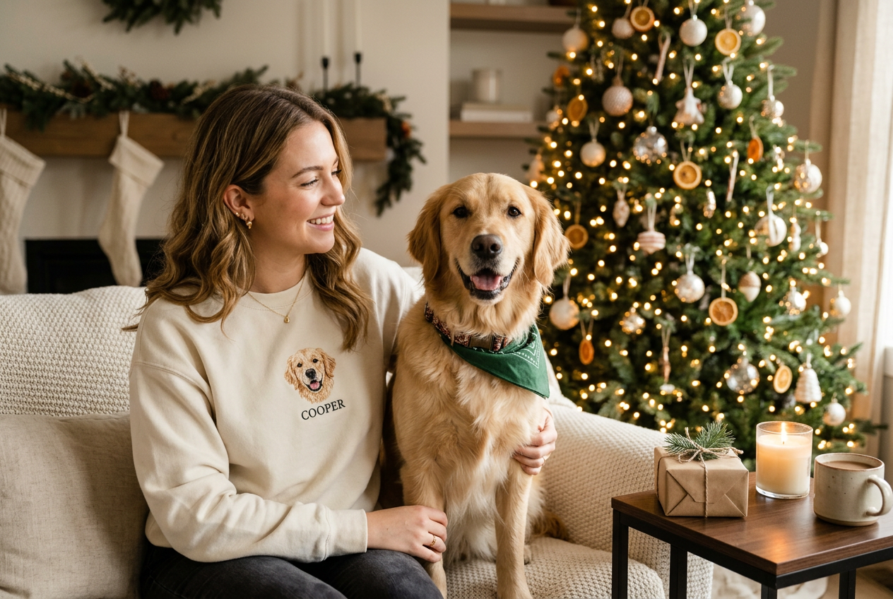 Person wearing a custom embroidered pet sweatshirt near a Christmas tree with their pet beside them