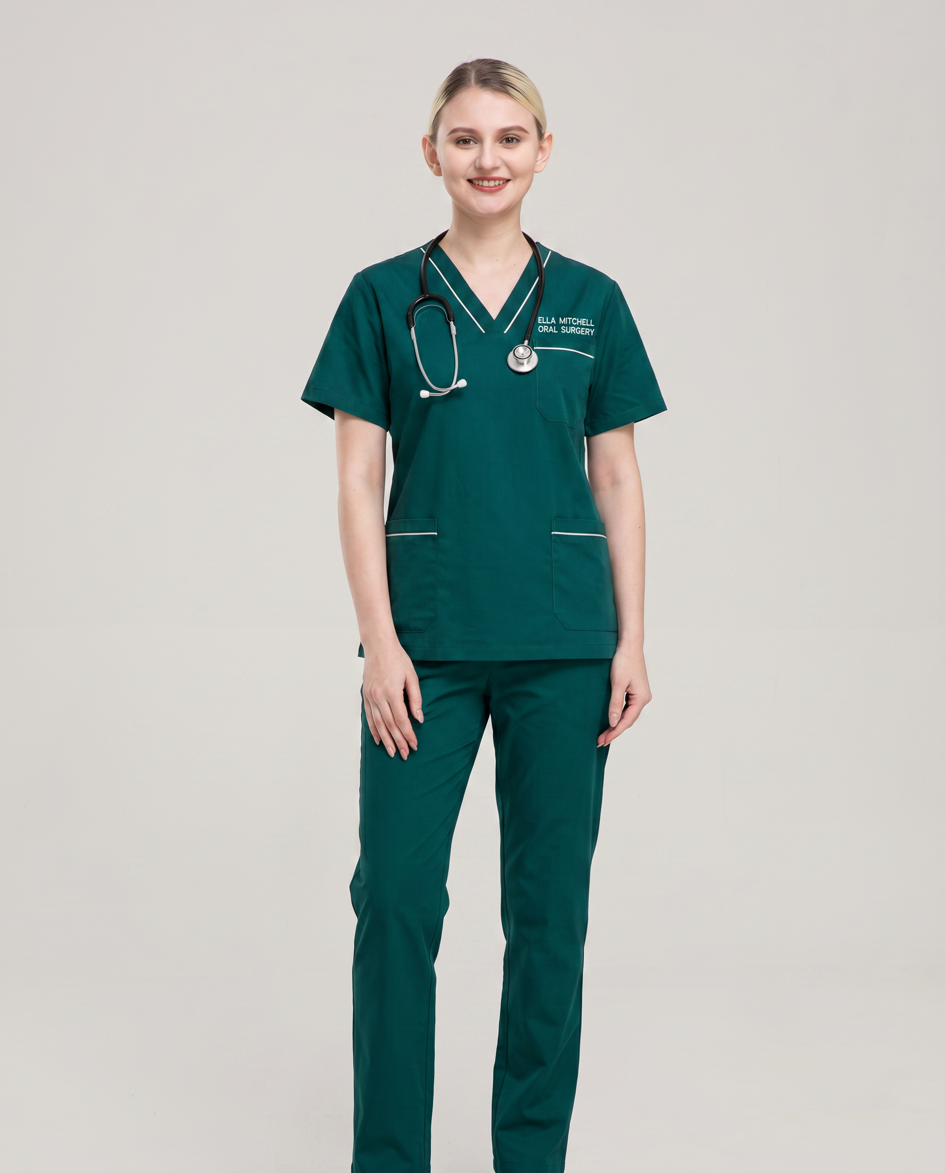 Custom Embroidered Unisex Scrub Set with Contrast Trim – V-Neck Oral Surgery Uniform