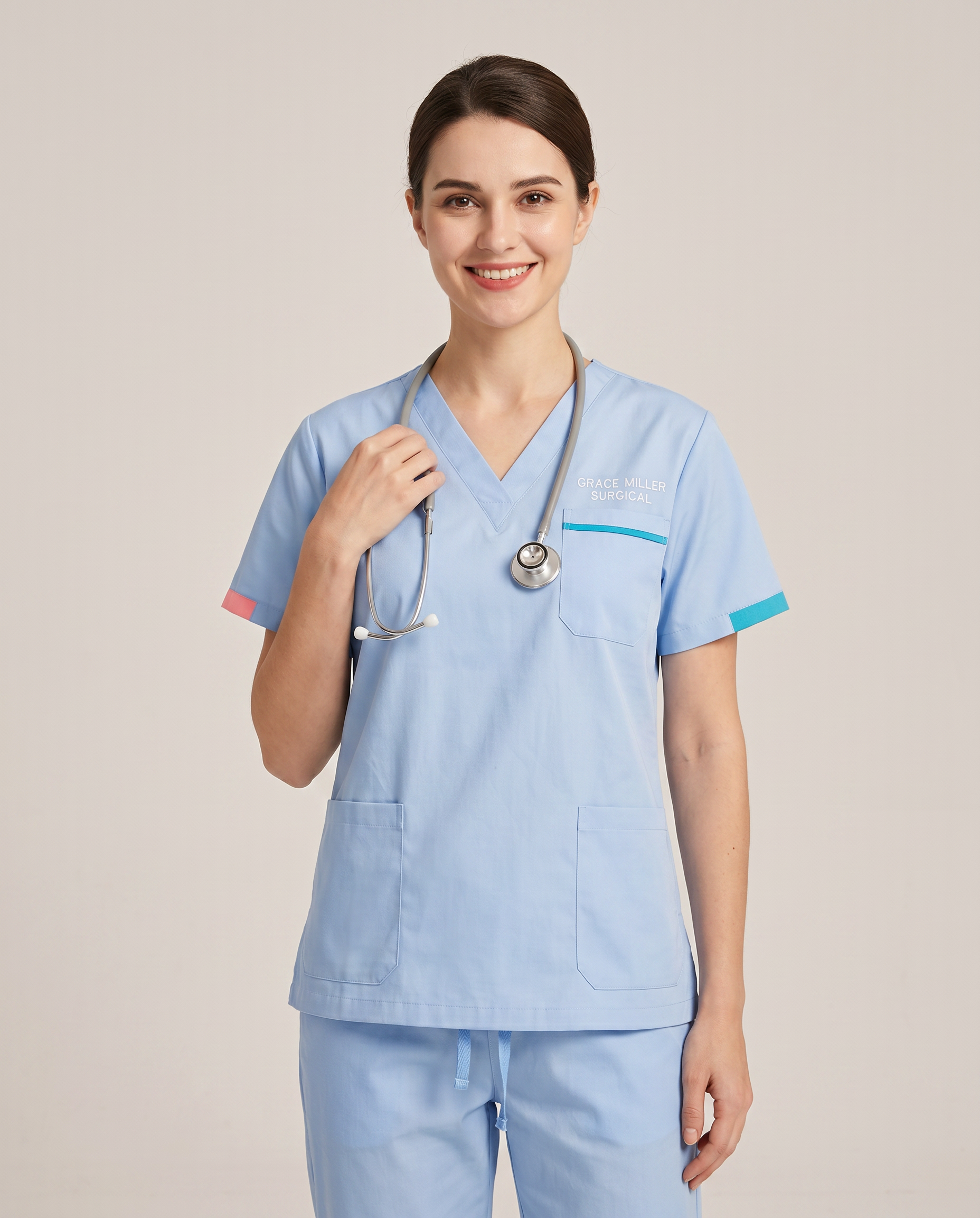 Custom Embroidered Unisex Scrub Set with Contrast Line Detail – V-Neck Surgical Uniform
