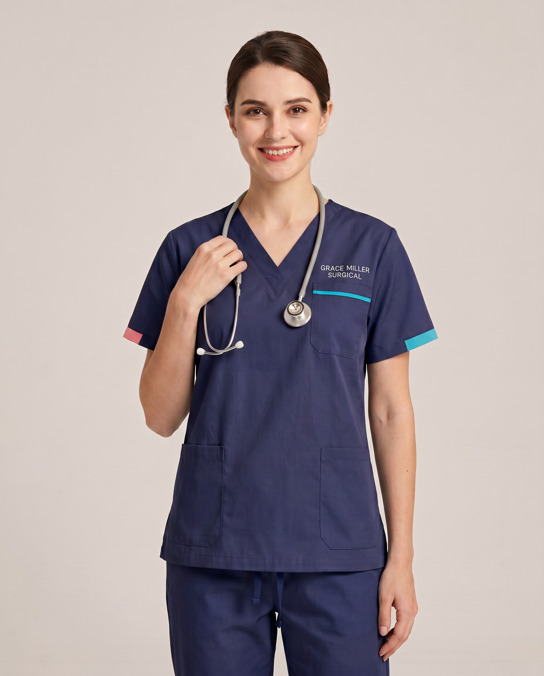Custom Embroidered Unisex Scrub Set with Contrast Line Detail – V-Neck Surgical Uniform