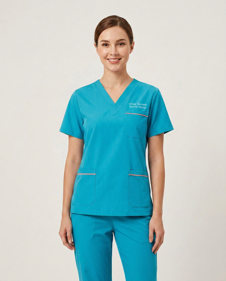 Custom Embroidered Unisex Scrub Set with Contrast Trim – V-Neck Dental Nurse Uniform