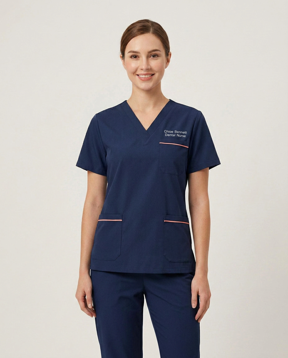 Custom Embroidered Unisex Scrub Set with Contrast Trim – V-Neck Dental Nurse Uniform