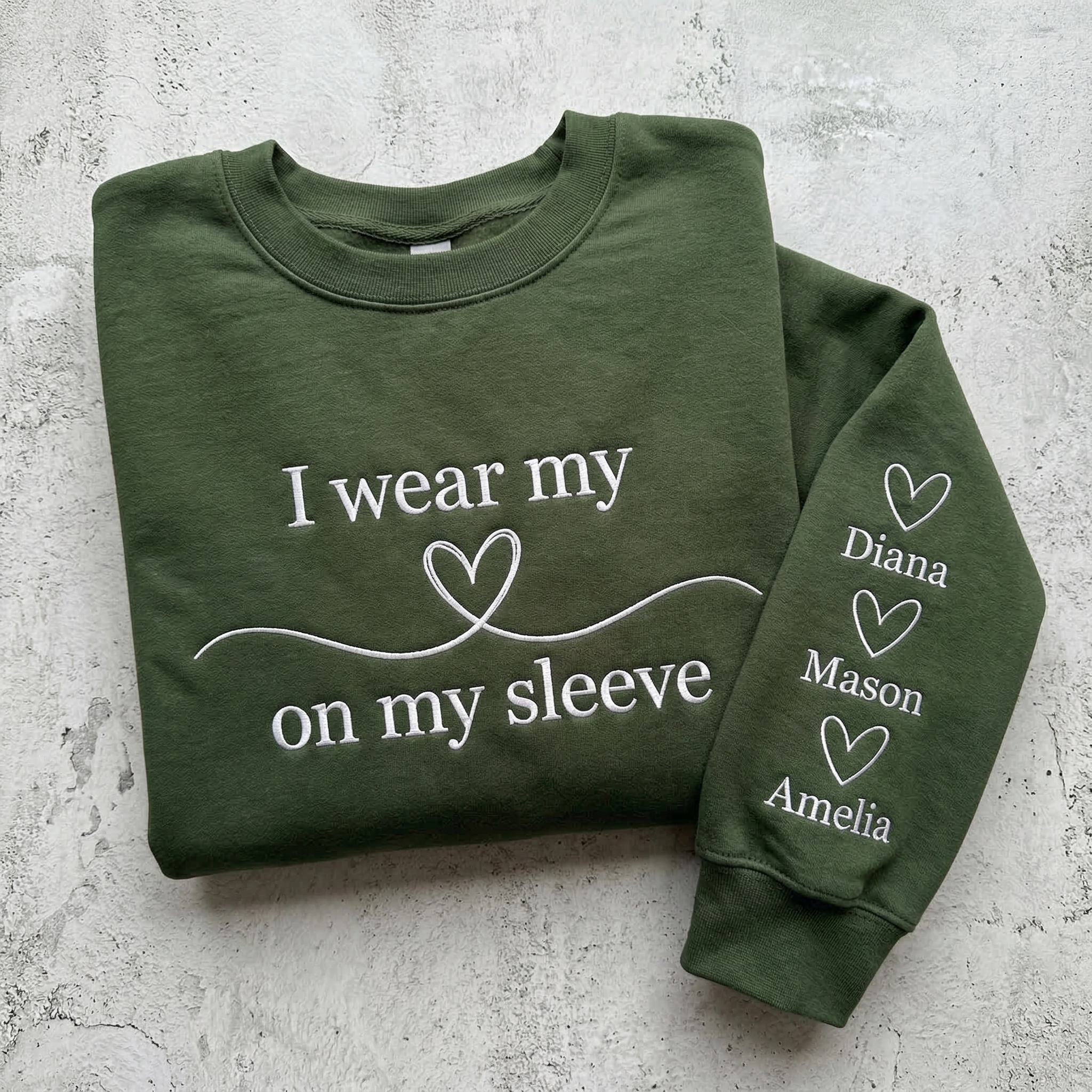 Personalized Hearts On My Sleeve Embroidered Sweatshirt with Kids Names | Mom Mother's Day Gift