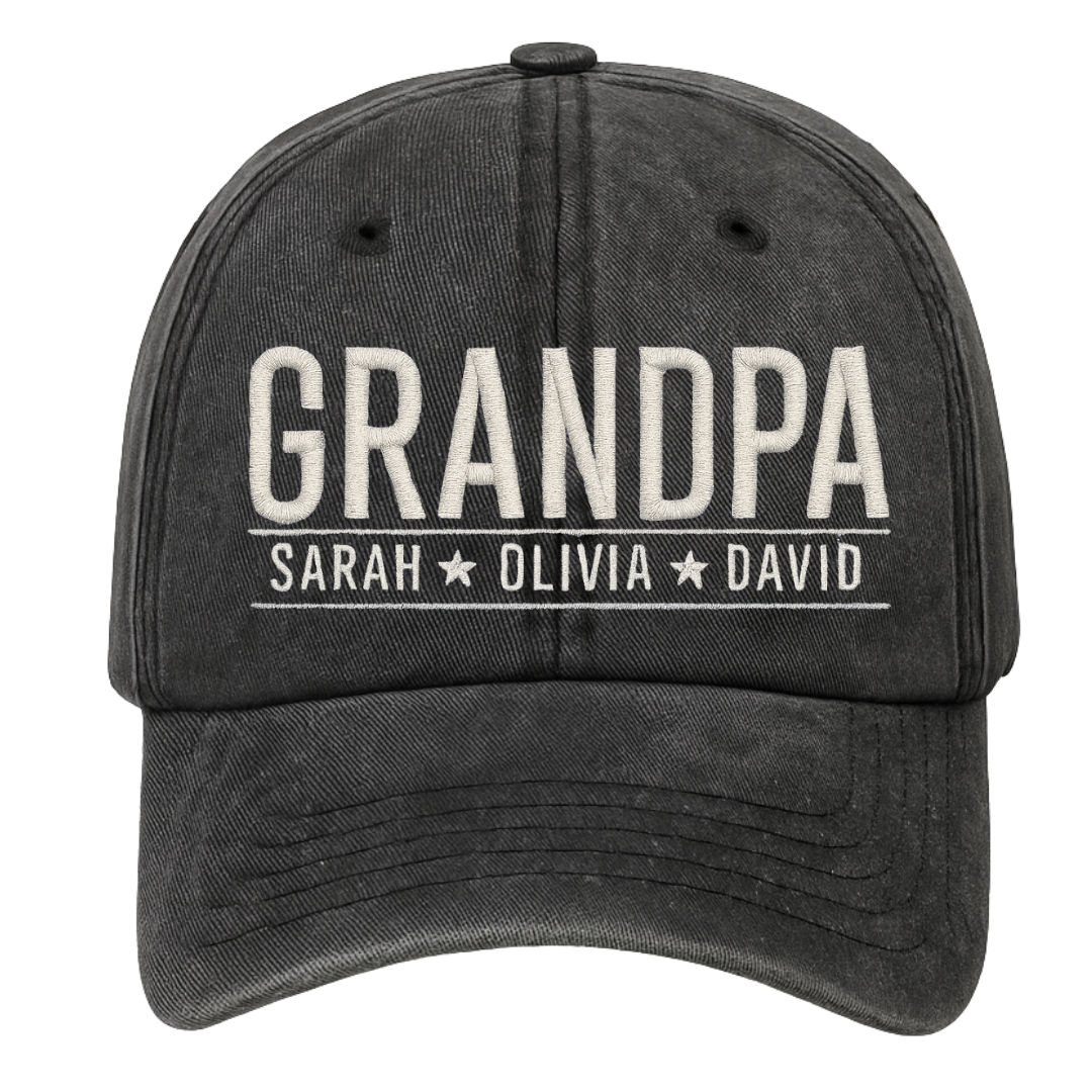 Personalized Embroidered Grandpa Hat with Kids’ Names - detail view, custom embroidered by Intriklo