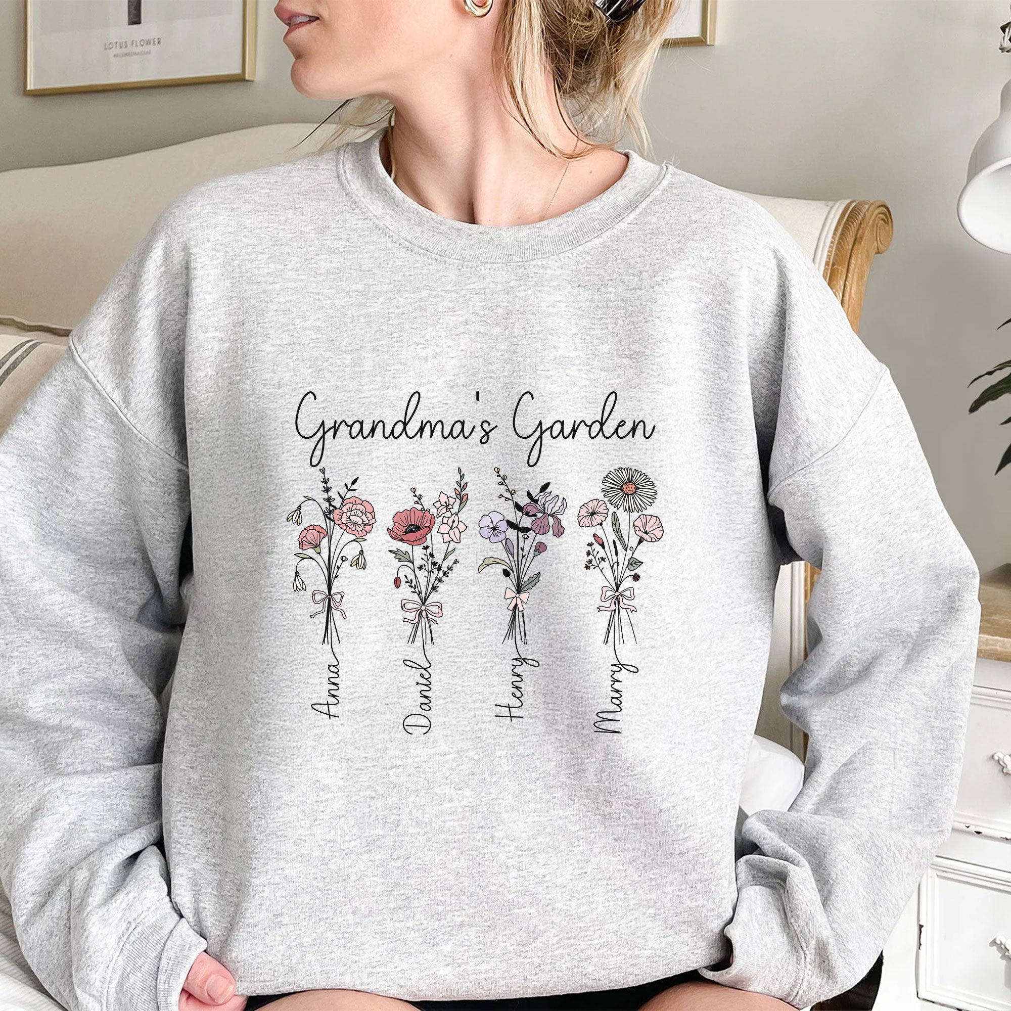 Personalized Grandma Birth Flower Kids Names Sweatshirt Hoodie - detail view, custom embroidered by Intriklo