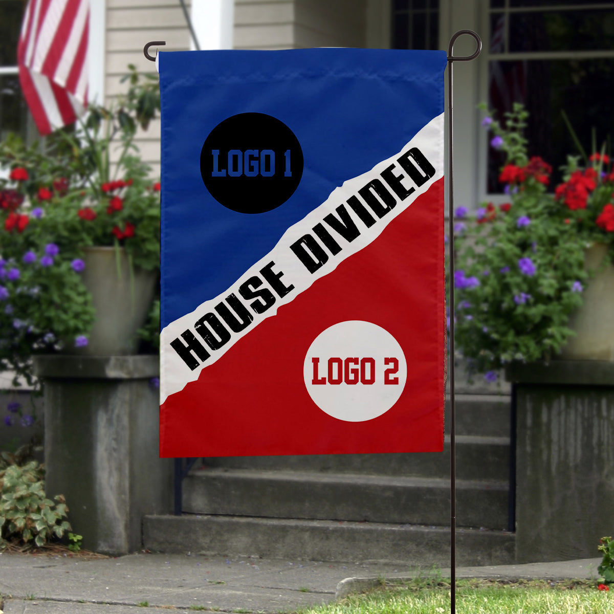 Personalized House Divided Flag | Custom Team Garden Flag - detail view, custom embroidered by Intriklo