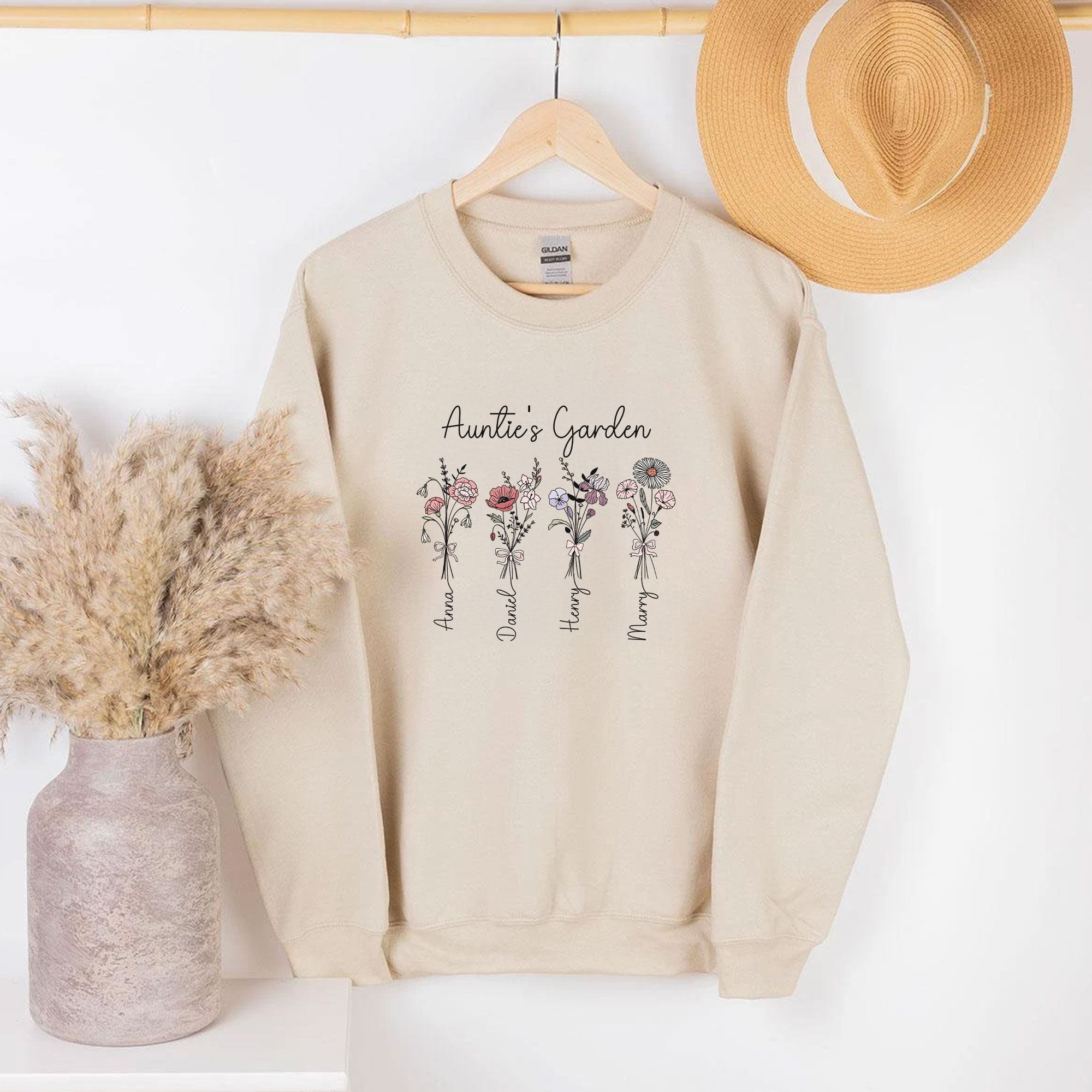 Personalized Auntie Birth Flower Name Sweatshirt Hoodie - view 4, custom embroidered by Intriklo