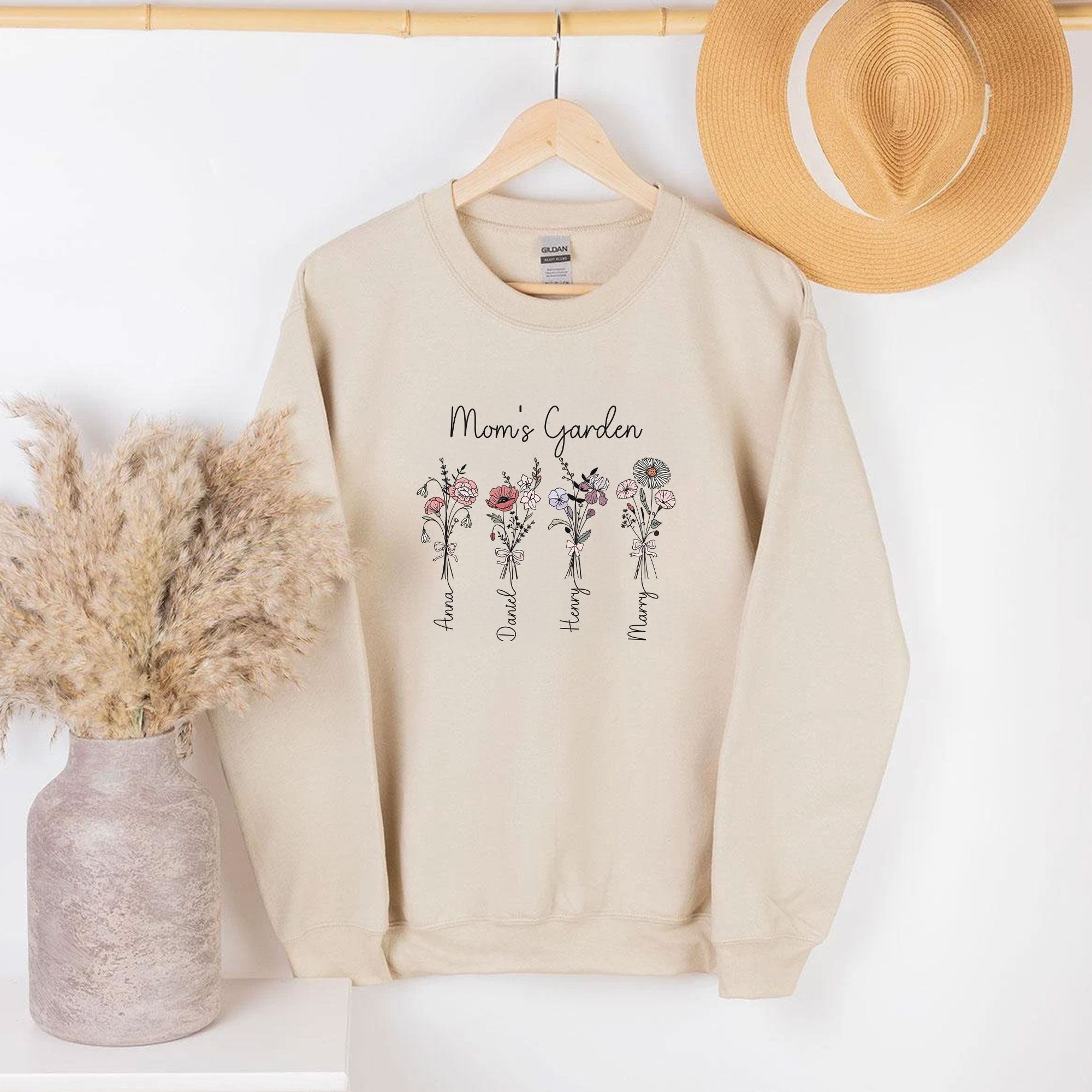 Custom Mom Birth Flower Kids Names Sweatshirt Hoodie - view 5, custom embroidered by Intriklo