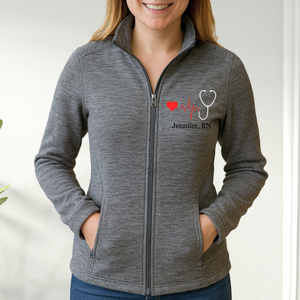 Personalized RN Digi Stripe Fleece Jacket – Stethoscope Fleece Zip Up - detail view, custom embroidered by Intriklo