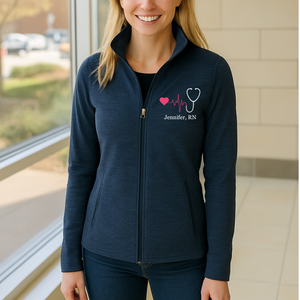 Personalized RN Digi Stripe Fleece Jacket – Stethoscope Fleece Zip Up - front view, custom embroidered apparel by Intriklo