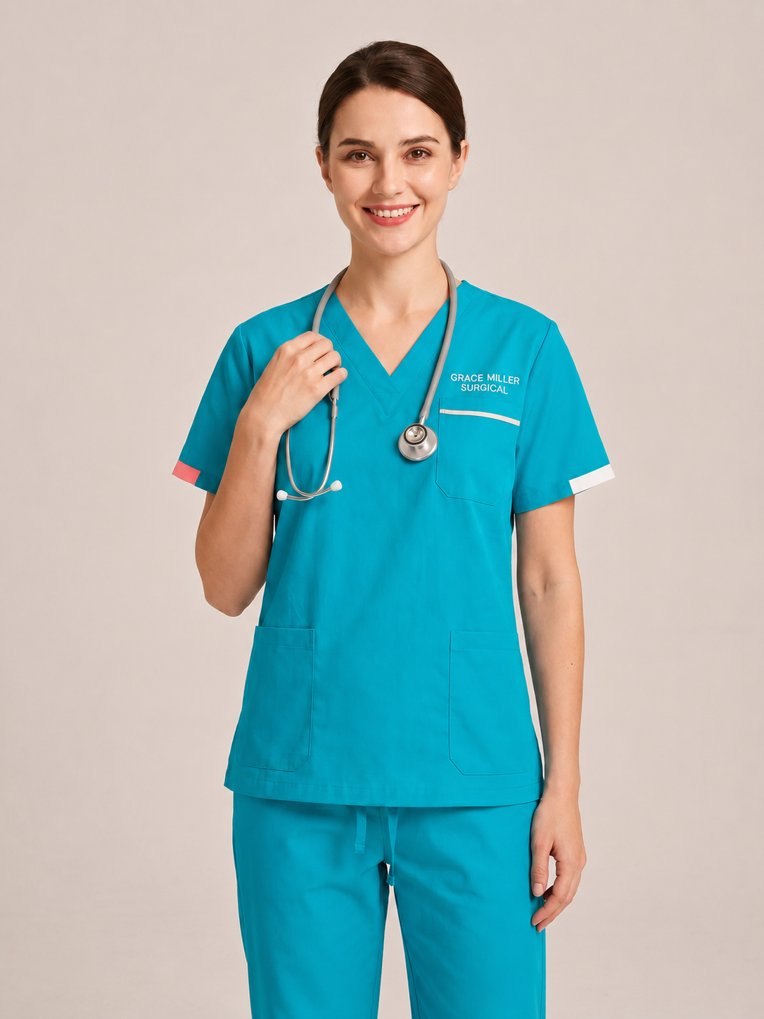 Custom Embroidered Unisex Scrub Set with Contrast Line Detail – V-Neck Surgical Uniform