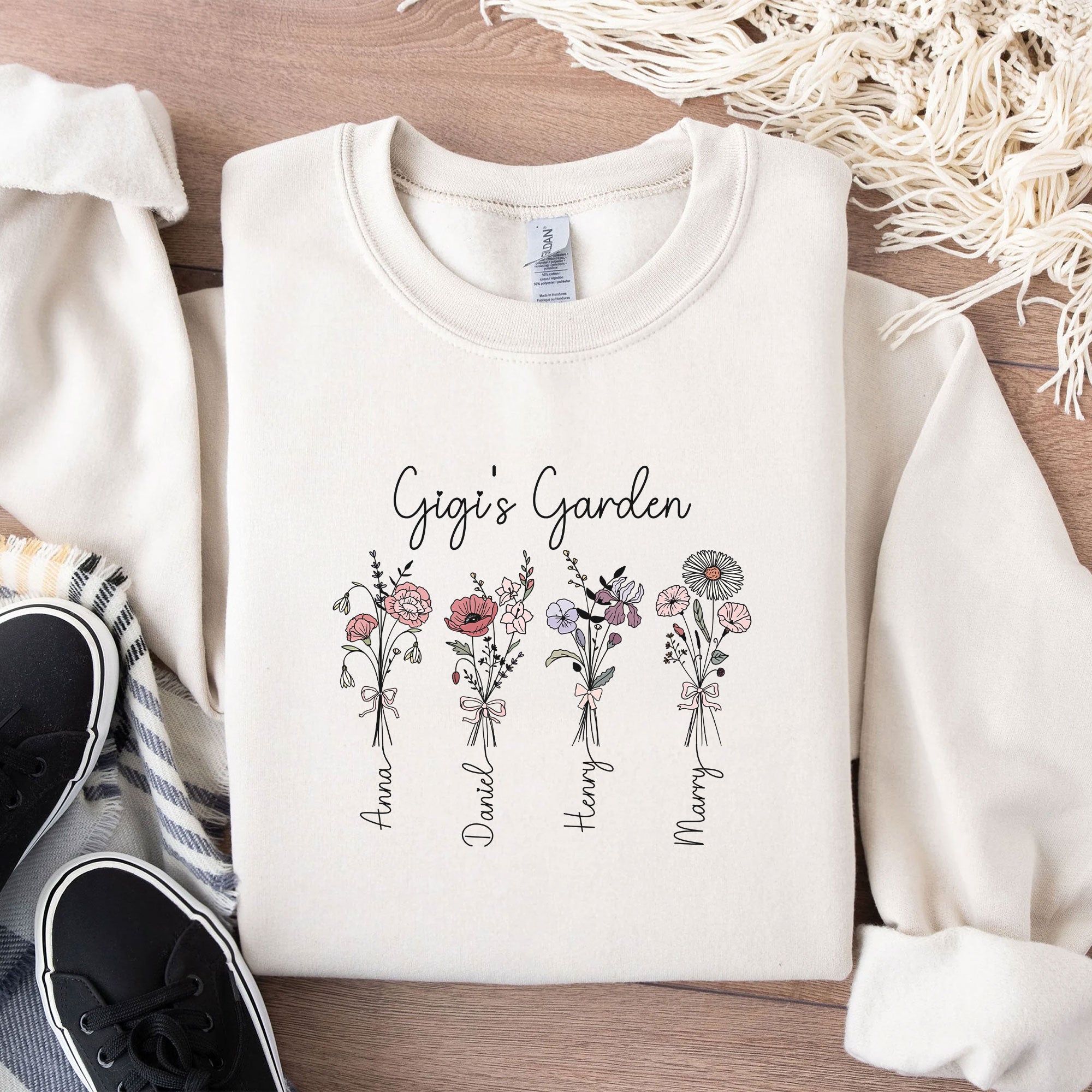 Personalized Gigi Birth Flower Name Sweatshirt Hoodie - detail view, custom embroidered by Intriklo