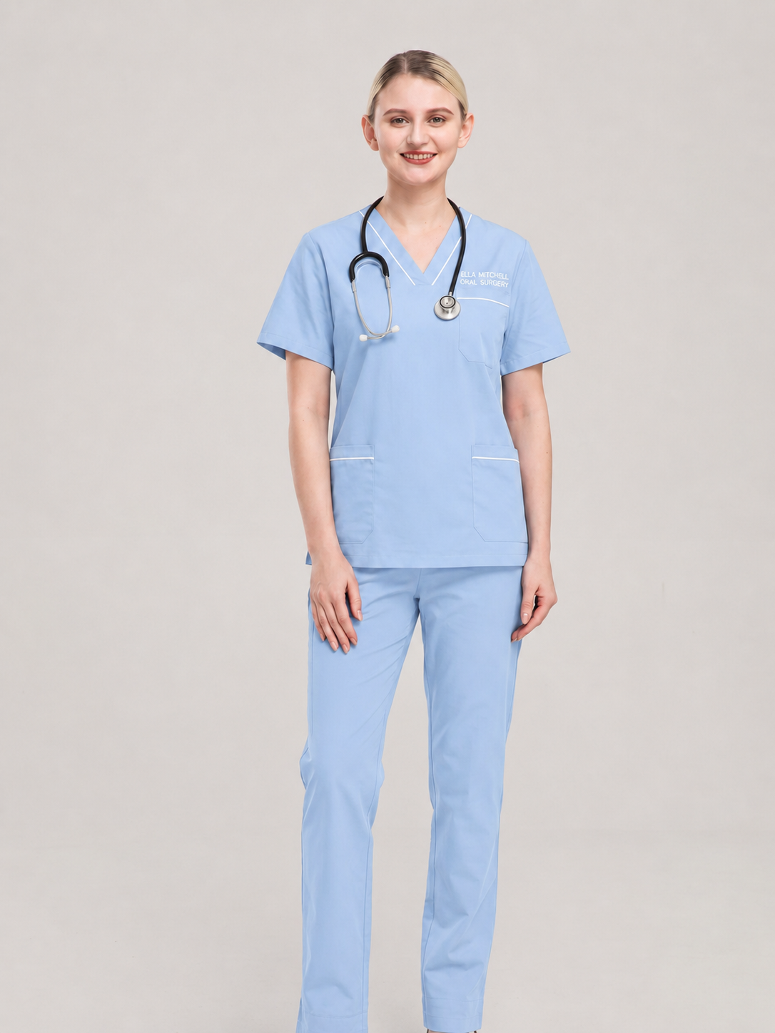 Custom Embroidered Unisex Scrub Set with Contrast Trim – V-Neck Oral Surgery Uniform