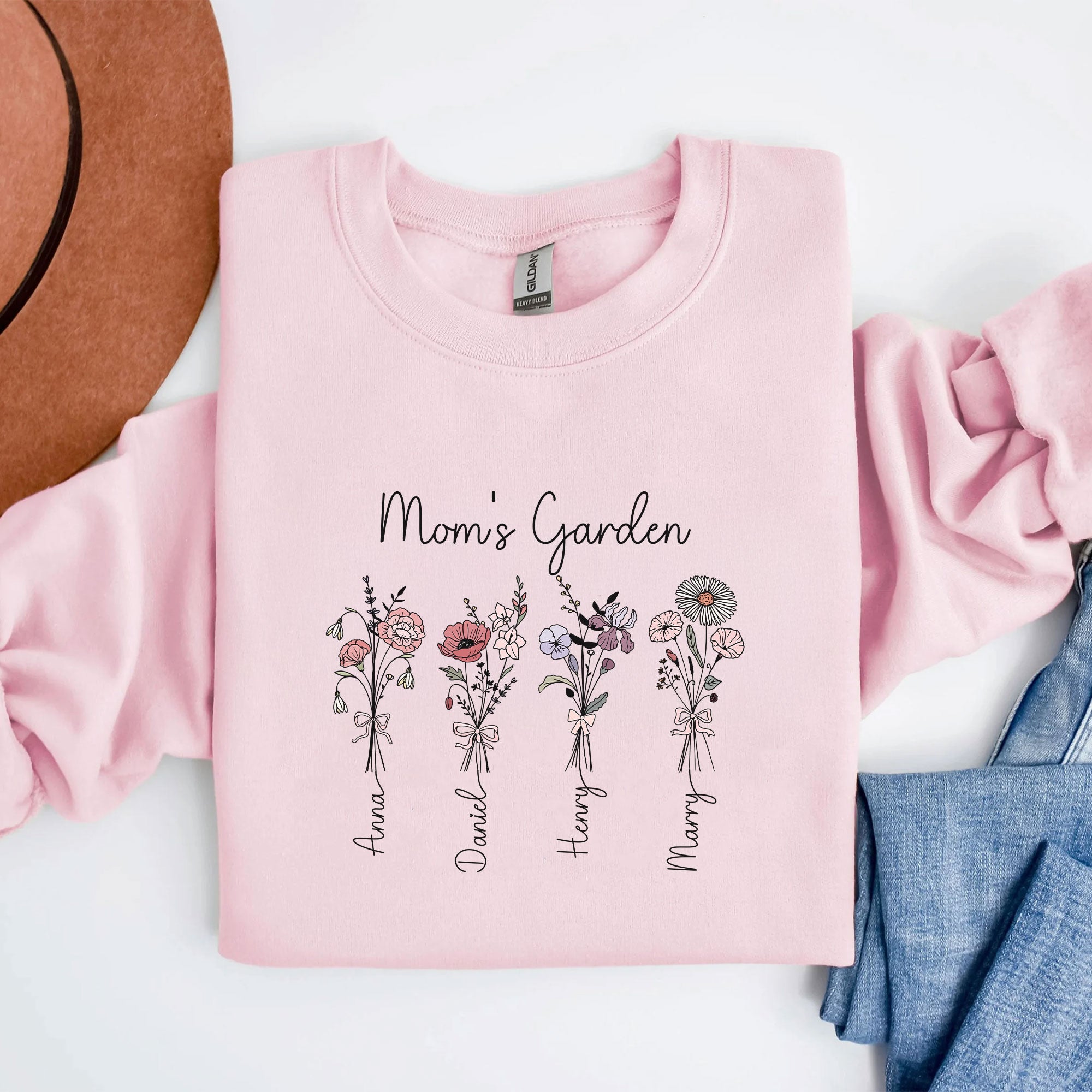 Custom Mom Birth Flower Kids Names Sweatshirt Hoodie - view 4, custom embroidered by Intriklo