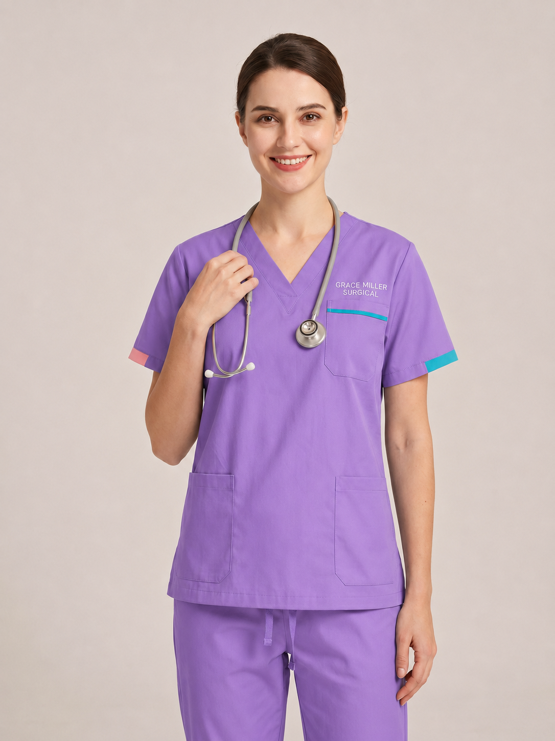 Custom Embroidered Unisex Scrub Set with Contrast Line Detail – V-Neck Surgical Uniform