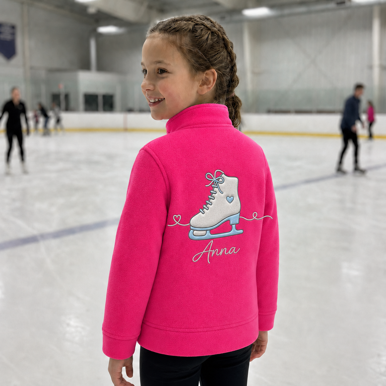 Personalized Kids Figure Skating Fleece Jacket | Custom Name Embroidered White Ice Skate Hot Pink Zip-Up