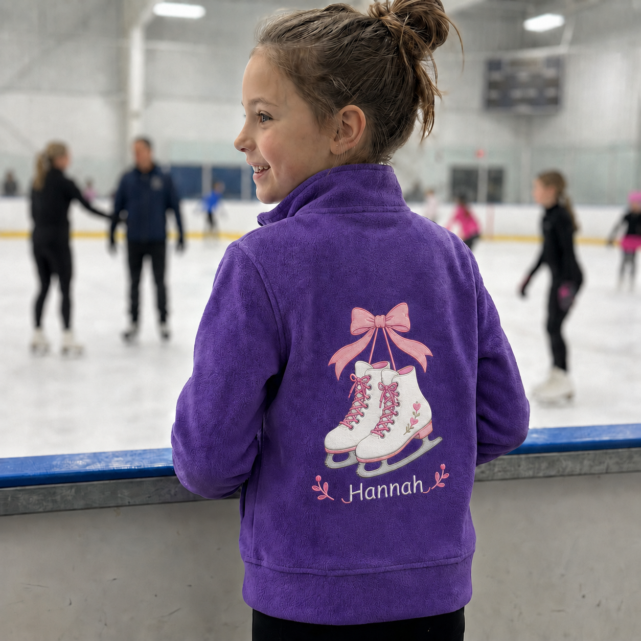 Custom Kids Figure Skating Fleece Jacket | Personalized Name Embroidered Ice Skates Pink Bow Purple Zip-Up