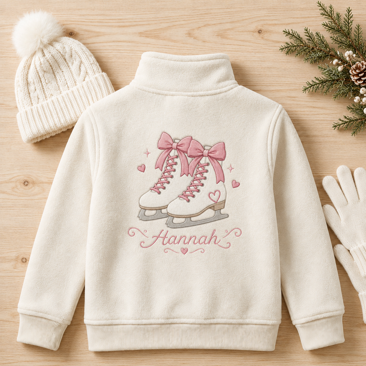 Personalized Kids Ice Skating Fleece Jacket | Custom Name Embroidered Skates Pink Bows Cream Zip-Up