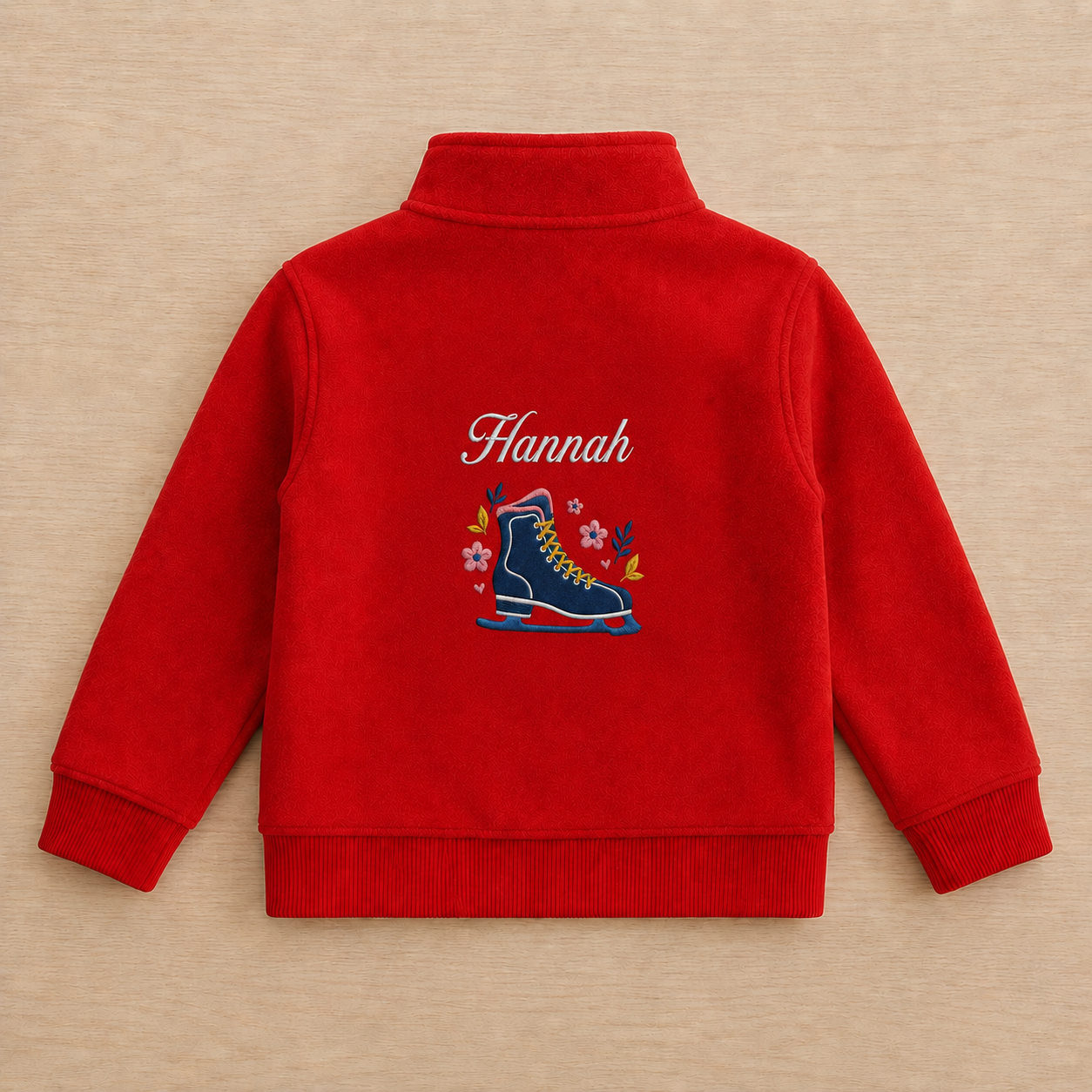 Custom Kids Ice Skating Fleece Jacket | Personalized Name Embroidered Blue Skate Floral Red Zip-Up