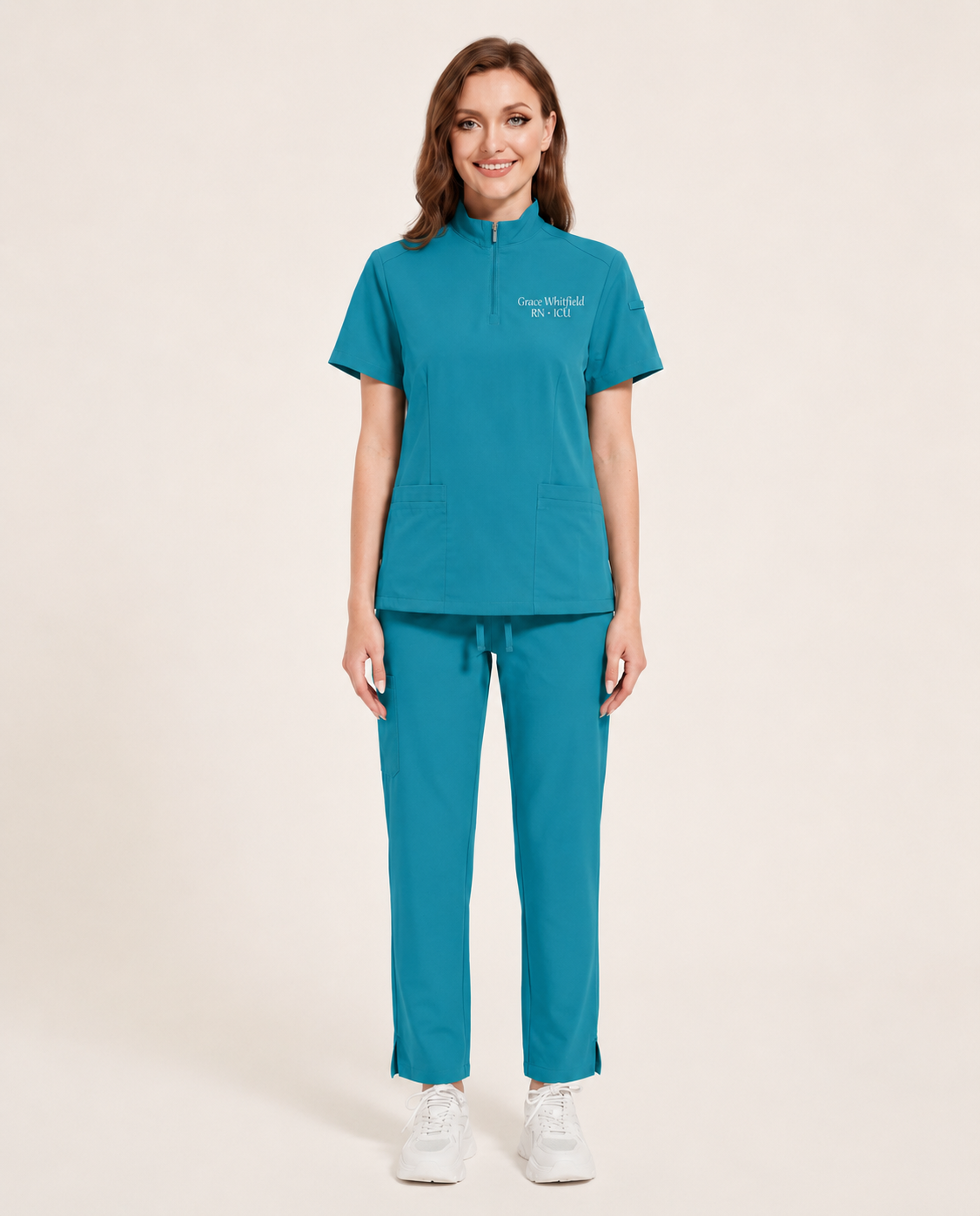 Custom Embroidered Scrub Set with Mock Neck Zip Collar – Straight Leg Healthcare Uniform